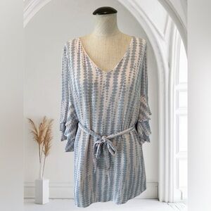 Olivaceous Soft Pink & Blue Grey Dress w/tie and layered sleeves- Size Small